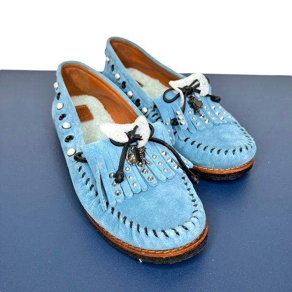 Coach Blue Chambray Roccasin Slip On Western Fringe Charm Sherpa Lined Mule 11 - Picture 1 of 15